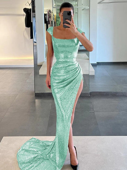 Sheath/Column Sequins Ruched Square Sleeveless Court Train Prom Dress