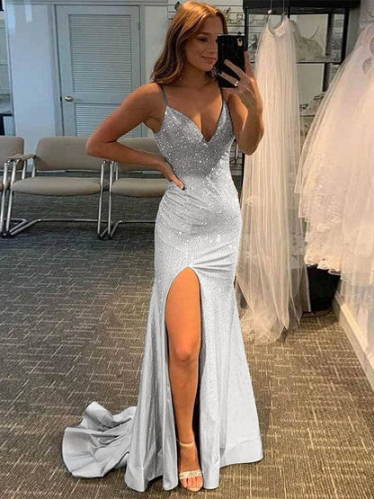Sheath/Column Jersey Ruched V-neck Sleeveless Sweep/Brush Train Prom Dress