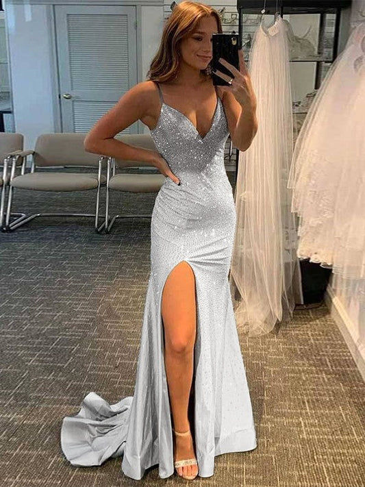 Sheath/Column Jersey Ruched V-neck Sleeveless Sweep/Brush Train Prom Dress