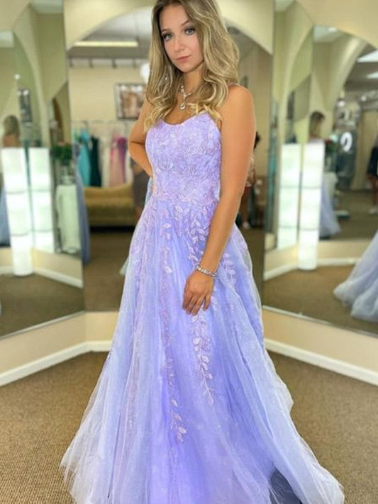 A-Line/Princess Tulle Applique Spaghetti Straps Sleeveless Sweep/Brush Train Prom Dress