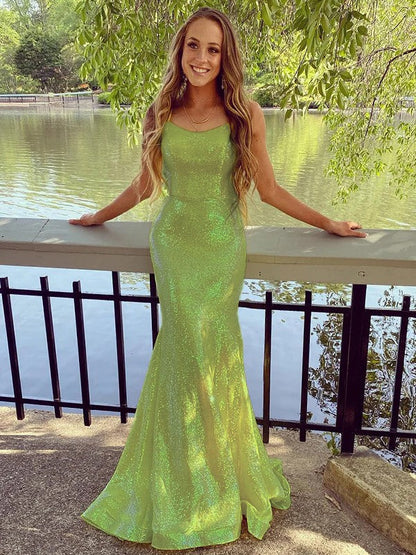 Sheath/Column Sequins Spaghetti Straps Sleeveless Sweep/Brush Train Prom Dress