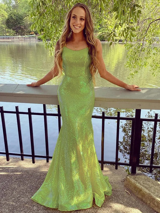 Sheath/Column Sequins Spaghetti Straps Sleeveless Sweep/Brush Train Prom Dress