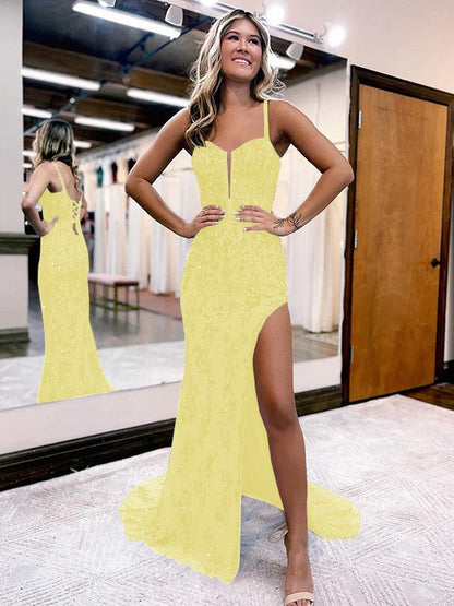 Sheath/Column Lace Straps Sleeveless Sweep/Brush Train Corset Prom Dress
