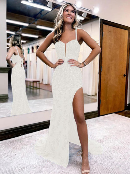 Sheath/Column Lace Straps Sleeveless Sweep/Brush Train Corset Prom Dress
