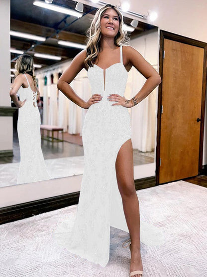 Sheath/Column Lace Straps Sleeveless Sweep/Brush Train Corset Prom Dress