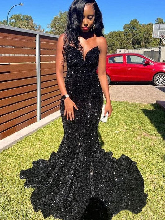 Trumpet/Mermaid Velvet Sequins Ruffles Sweetheart Sleeveless Sweep/Brush Train Prom Dress