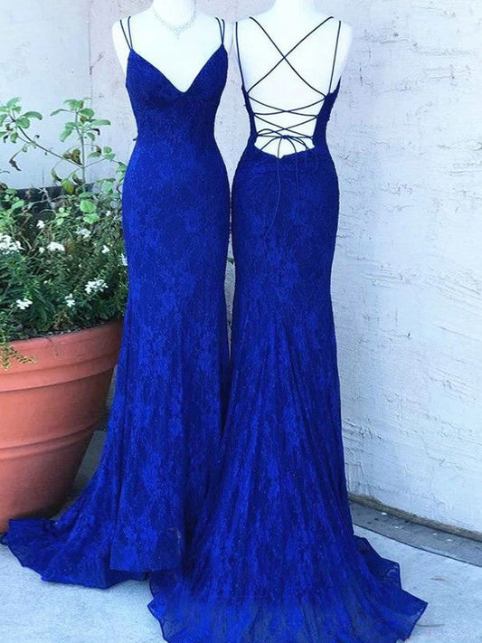 Sheath/Column Lace V-neck Sleeveless Sweep/Brush Train Prom Dress