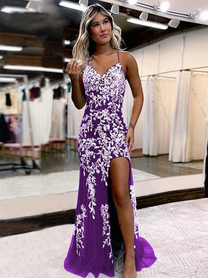 Sheath/Column Tulle Applique V-neck Sleeveless Sweep/Brush Train Prom Dress