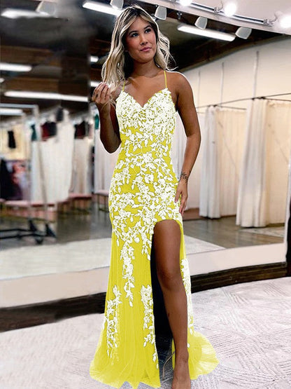Sheath/Column Tulle Applique V-neck Sleeveless Sweep/Brush Train Prom Dress