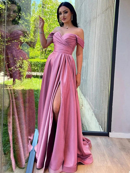 A-Line/Princess Satin Ruched Off-the-Shoulder Sleeveless Sweep/Brush Train Prom Dress
