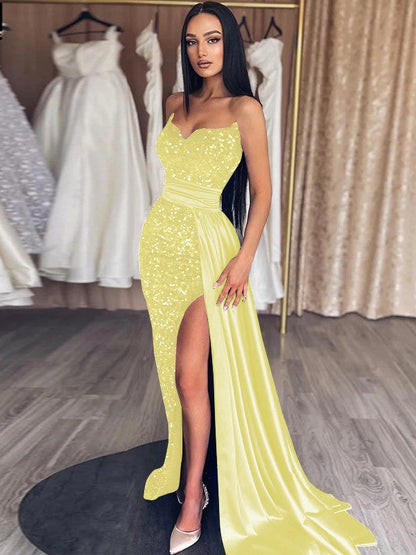 Sheath/Column Velvet Sequins Ruched Sweetheart Sleeveless Sweep/Brush Train Prom Dress