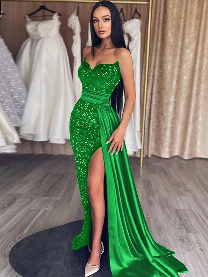 Sheath/Column Velvet Sequins Ruched Sweetheart Sleeveless Sweep/Brush Train Prom Dress