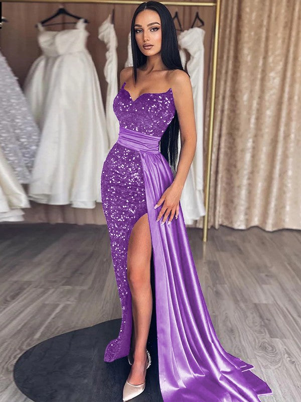 Sheath/Column Velvet Sequins Ruched Sweetheart Sleeveless Sweep/Brush Train Prom Dress