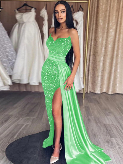 Sheath/Column Velvet Sequins Ruched Sweetheart Sleeveless Sweep/Brush Train Prom Dress