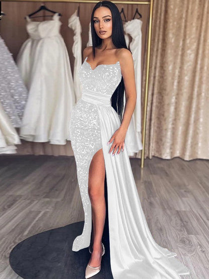 Sheath/Column Velvet Sequins Ruched Sweetheart Sleeveless Sweep/Brush Train Prom Dress