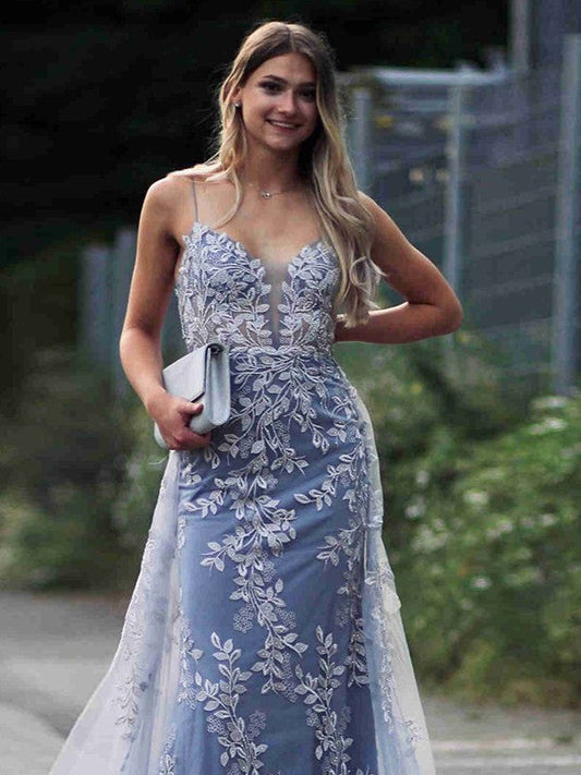 Sheath/Column Tulle Applique V-neck Sleeveless Sweep/Brush Train Prom Dress