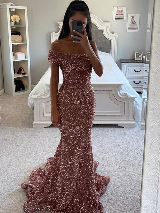 Sheath/Column Velvet Sequins One-Shoulder Sleeveless Sweep/Brush Train Prom Dress