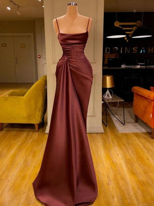 Sheath/Column Elastic Woven Satin Ruched Spaghetti Straps Sleeveless Floor-Length Prom Dress