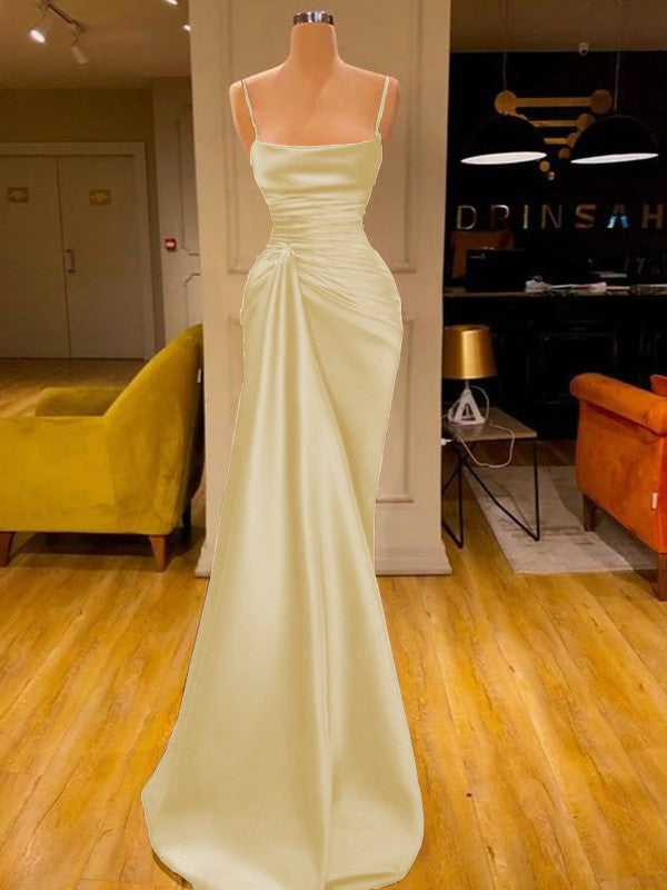 Sheath/Column Elastic Woven Satin Ruched Spaghetti Straps Sleeveless Floor-Length Prom Dress