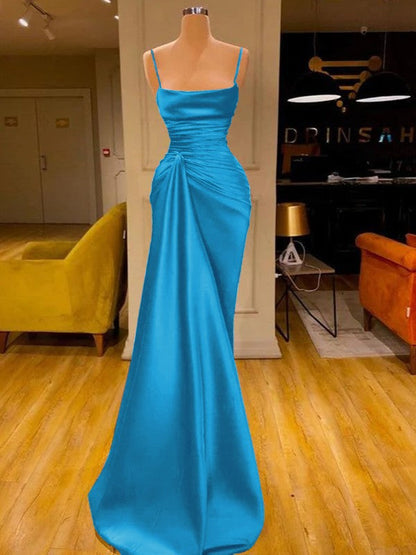 Sheath/Column Elastic Woven Satin Ruched Spaghetti Straps Sleeveless Floor-Length Prom Dress