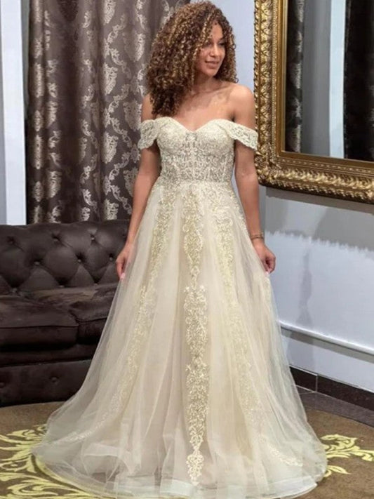 A-Line/Princess Tulle Applique Off-the-Shoulder Sleeveless Floor-Length Prom Dress