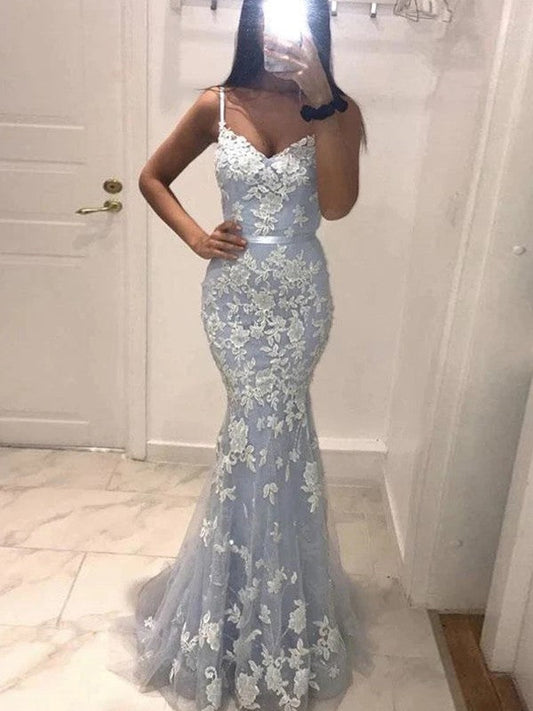 Trumpet/Mermaid Tulle Applique V-neck Sleeveless Sweep/Brush Train Prom Dress