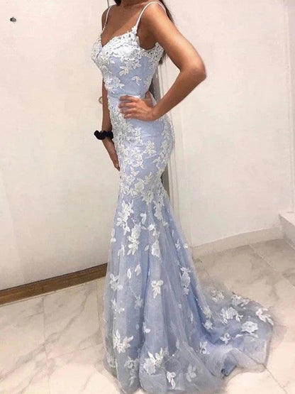 Trumpet/Mermaid Tulle Applique V-neck Sleeveless Sweep/Brush Train Prom Dress