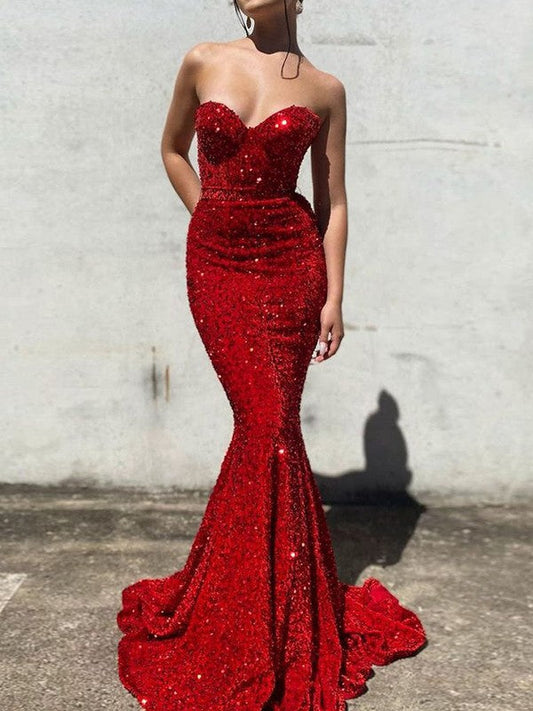 Trumpet/Mermaid Velvet Sequins  Sweetheart Sleeveless Court Train Prom Dress