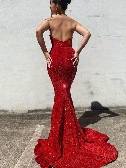 Trumpet/Mermaid Velvet Sequins  Sweetheart Sleeveless Court Train Prom Dress