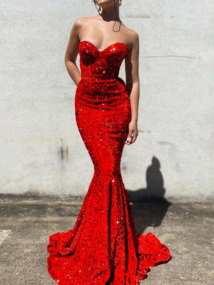 Trumpet/Mermaid Velvet Sequins  Sweetheart Sleeveless Court Train Prom Dress