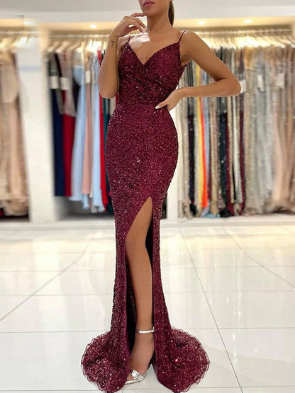 Sheath/Column Sequins Ruched V-neck Sleeveless Sweep/Brush Train Prom Dress