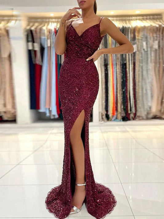 Sheath/Column Sequins Ruched V-neck Sleeveless Sweep/Brush Train Prom Dress
