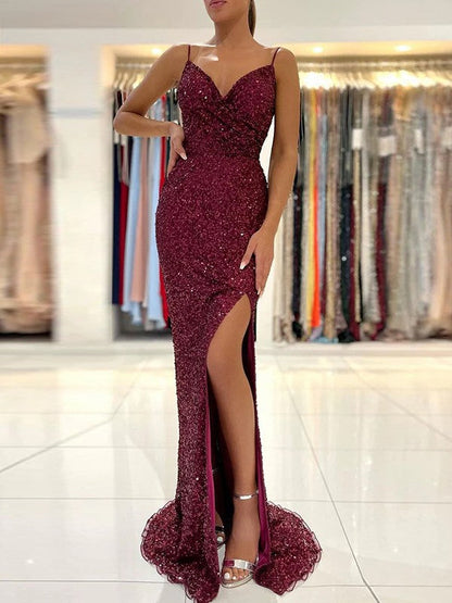 Sheath/Column Sequins Ruched V-neck Sleeveless Sweep/Brush Train Prom Dress