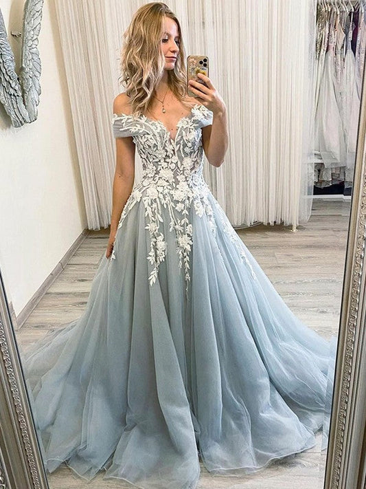 A-Line/Princess Tulle Applique Off-the-Shoulder Sleeveless Sweep/Brush Train Prom Dress