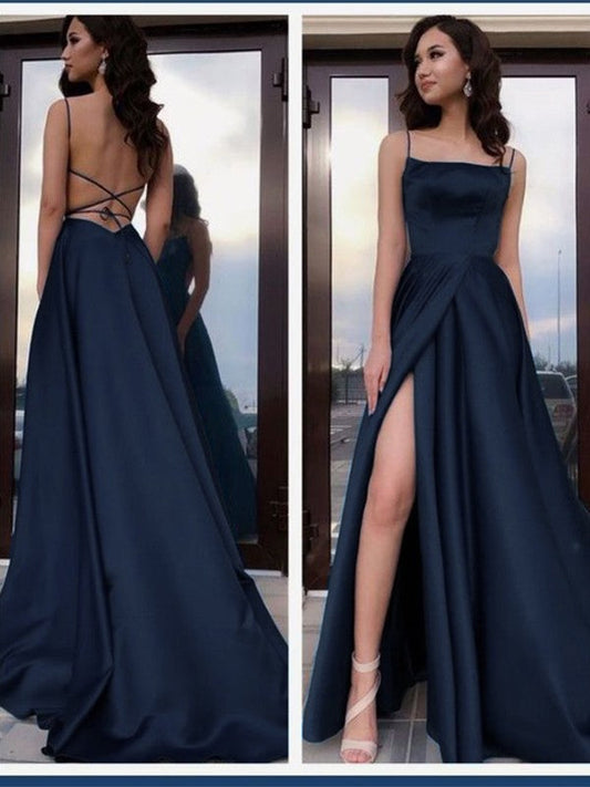 A-Line/Princess Satin Ruffles Spaghetti Straps Sleeveless Sweep/Brush Train Prom Dress