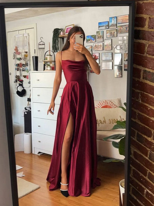 A-Line/Princess Silk like Satin Ruffles Spaghetti Straps Sleeveless Floor-Length Prom Dress
