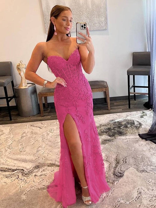 Sheath/Column Tulle Applique Sweetheart Sleeveless Sweep/Brush Train Prom Dress