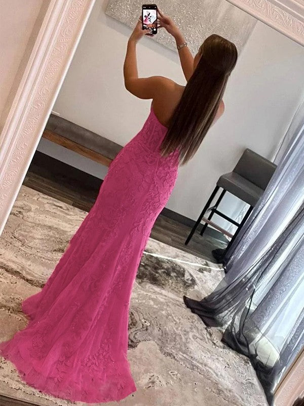 Sheath/Column Tulle Applique Sweetheart Sleeveless Sweep/Brush Train Prom Dress