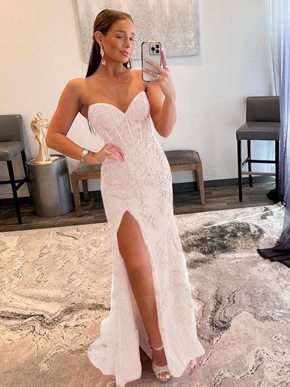 Sheath/Column Tulle Applique Sweetheart Sleeveless Sweep/Brush Train Prom Dress