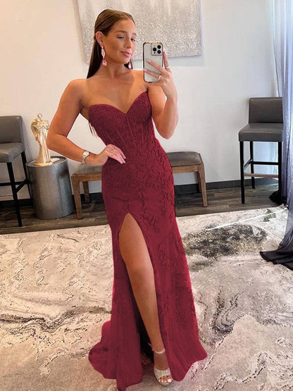 Sheath/Column Tulle Applique Sweetheart Sleeveless Sweep/Brush Train Prom Dress
