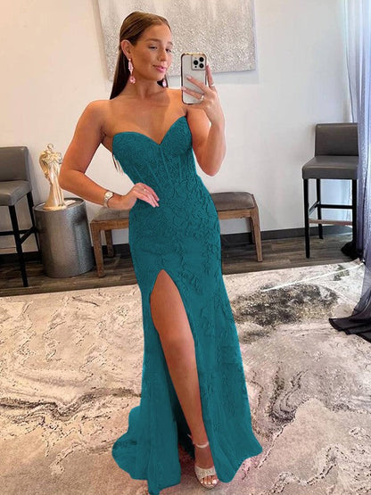 Sheath/Column Tulle Applique Sweetheart Sleeveless Sweep/Brush Train Prom Dress