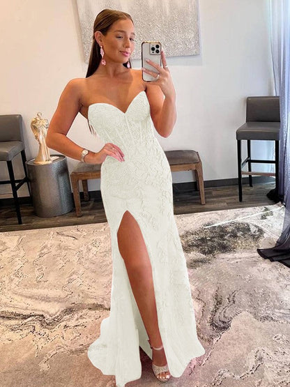 Sheath/Column Tulle Applique Sweetheart Sleeveless Sweep/Brush Train Prom Dress