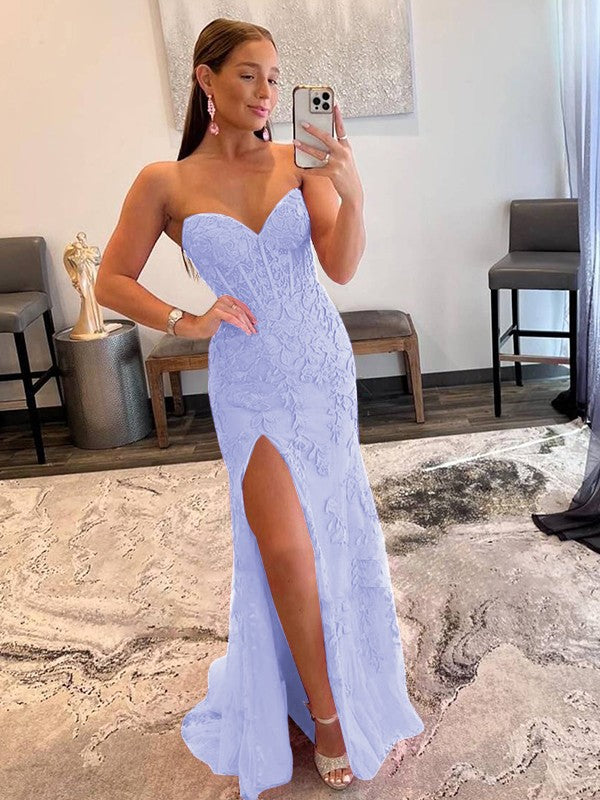 Sheath/Column Tulle Applique Sweetheart Sleeveless Sweep/Brush Train Prom Dress