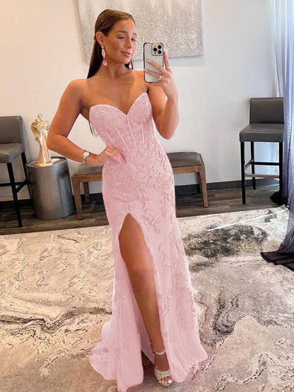 Sheath/Column Tulle Applique Sweetheart Sleeveless Sweep/Brush Train Prom Dress