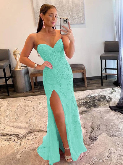 Sheath/Column Tulle Applique Sweetheart Sleeveless Sweep/Brush Train Prom Dress