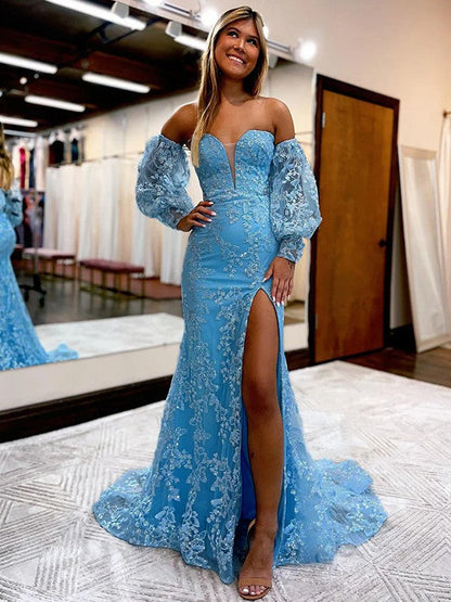 Sheath/Column Lace Sweetheart Long Sleeves Sweep/Brush Train Prom Dress