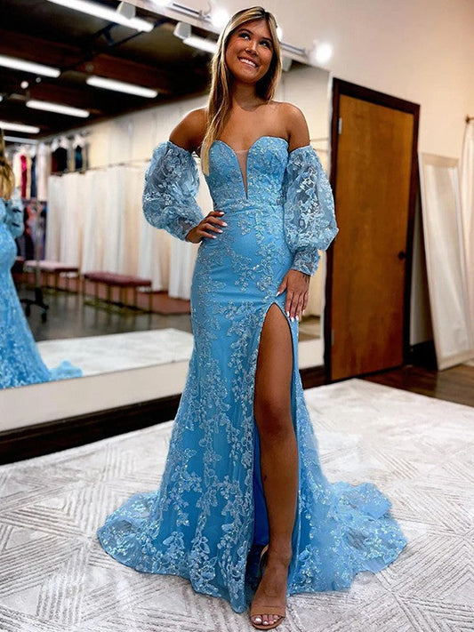 Sheath/Column Lace Sweetheart Long Sleeves Sweep/Brush Train Prom Dress
