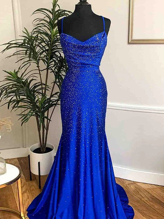 A-Line/Princess Silk like Satin Beading Spaghetti Straps Sleeveless Sweep/Brush Train Prom Dress