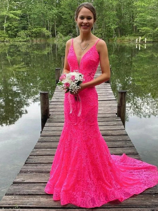 Sheath/Column Lace V-neck Sleeveless Sweep/Brush Train Prom Dress