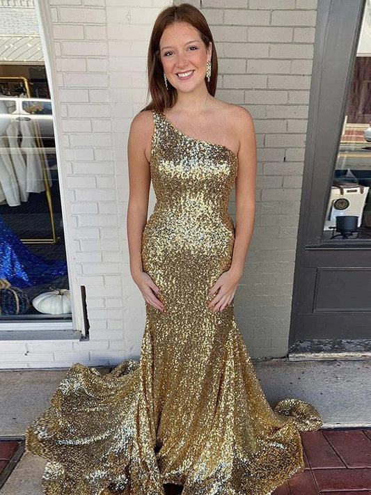 Sheath/Column Sequins One-Shoulder Sleeveless Sweep/Brush Train Prom Dress